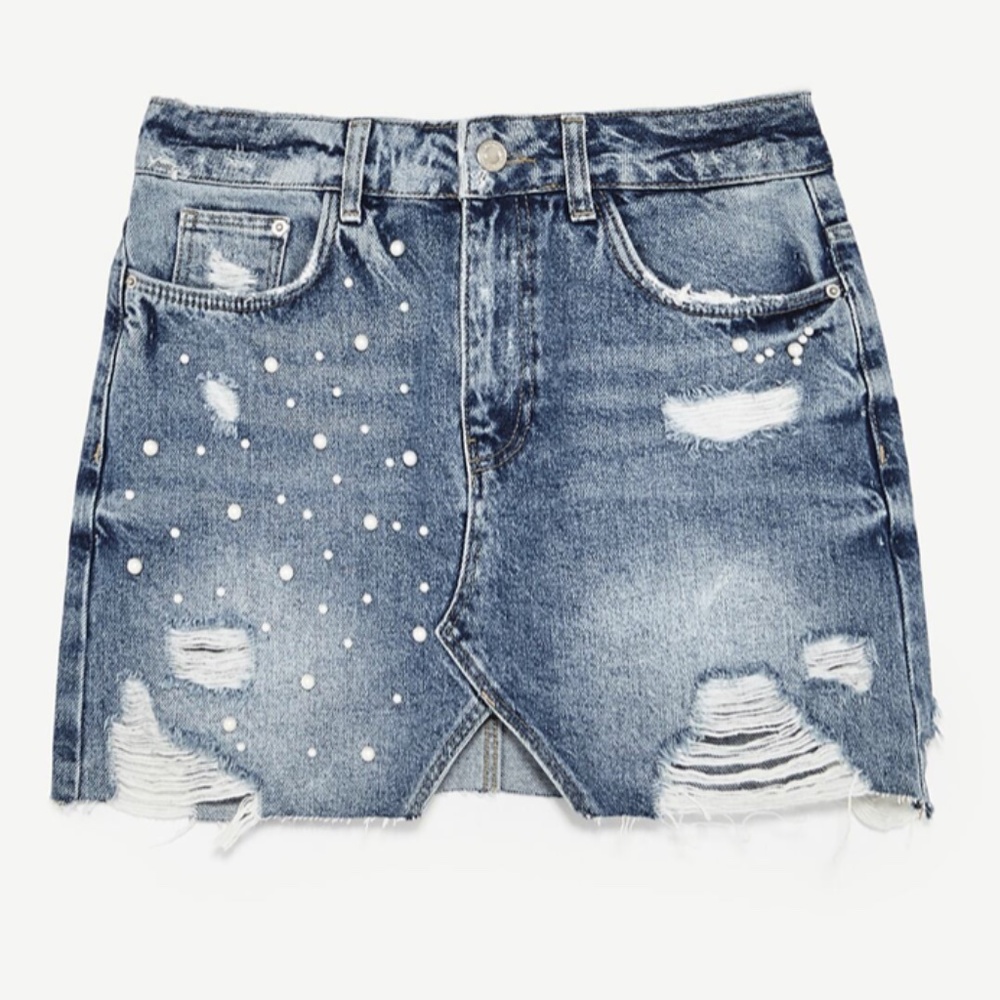 ZARA Denim skirt with faux pearl trims